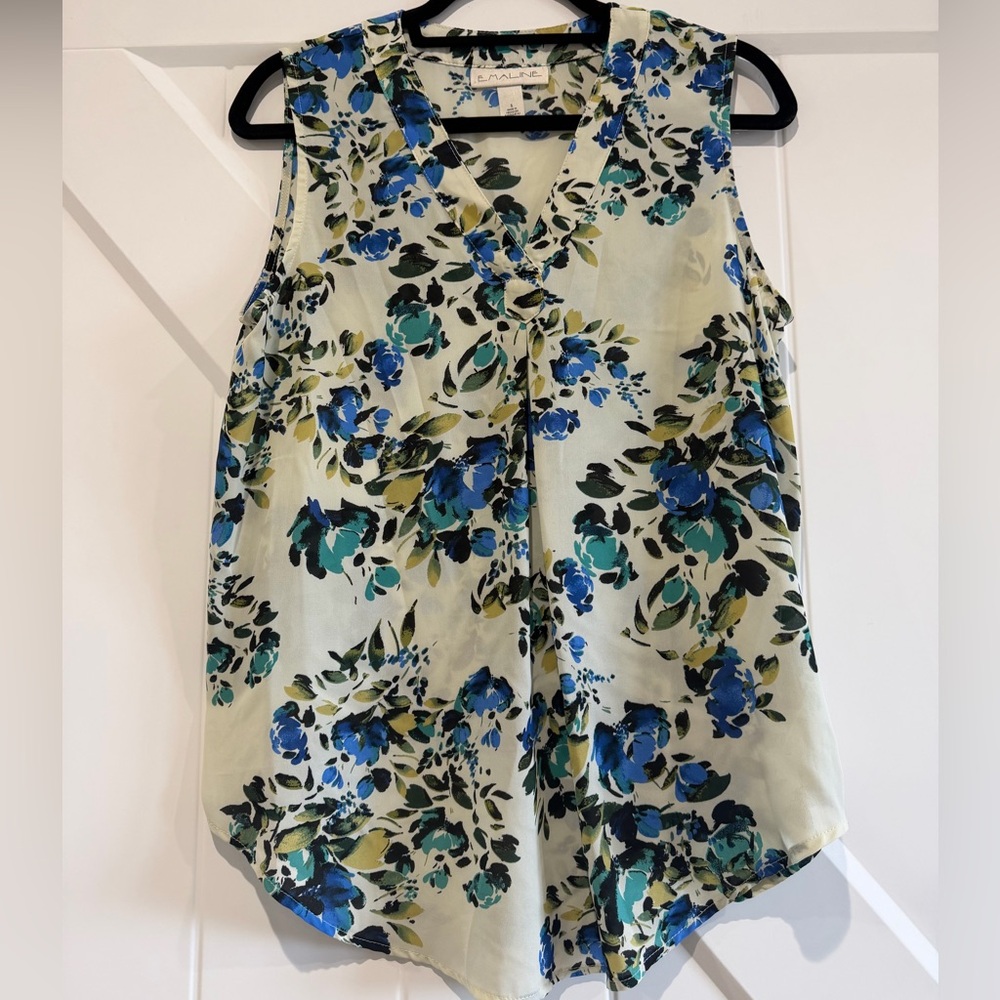 EMALINE Floral V-Neck Blouse - Blue and Green